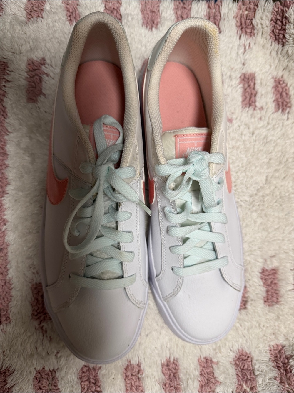Nike White Sneakers with Coral Swoosh and Mint Laces